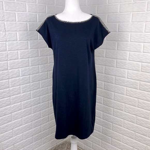 TALBOTS BUNDLE DRESS AND WRISTLET NAVY BLUE WHITE STITCH SHEATH SIZE LP - Picture 2 of 16